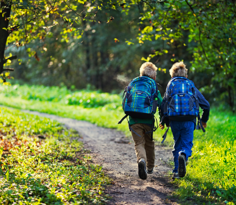 ​ Children with backpacks outdoor hiking activity