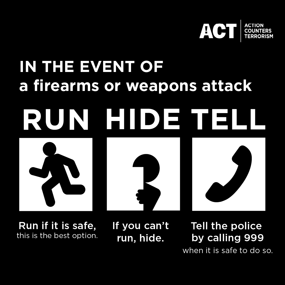 Run Hide Tell poster describing what to do in this situation.
